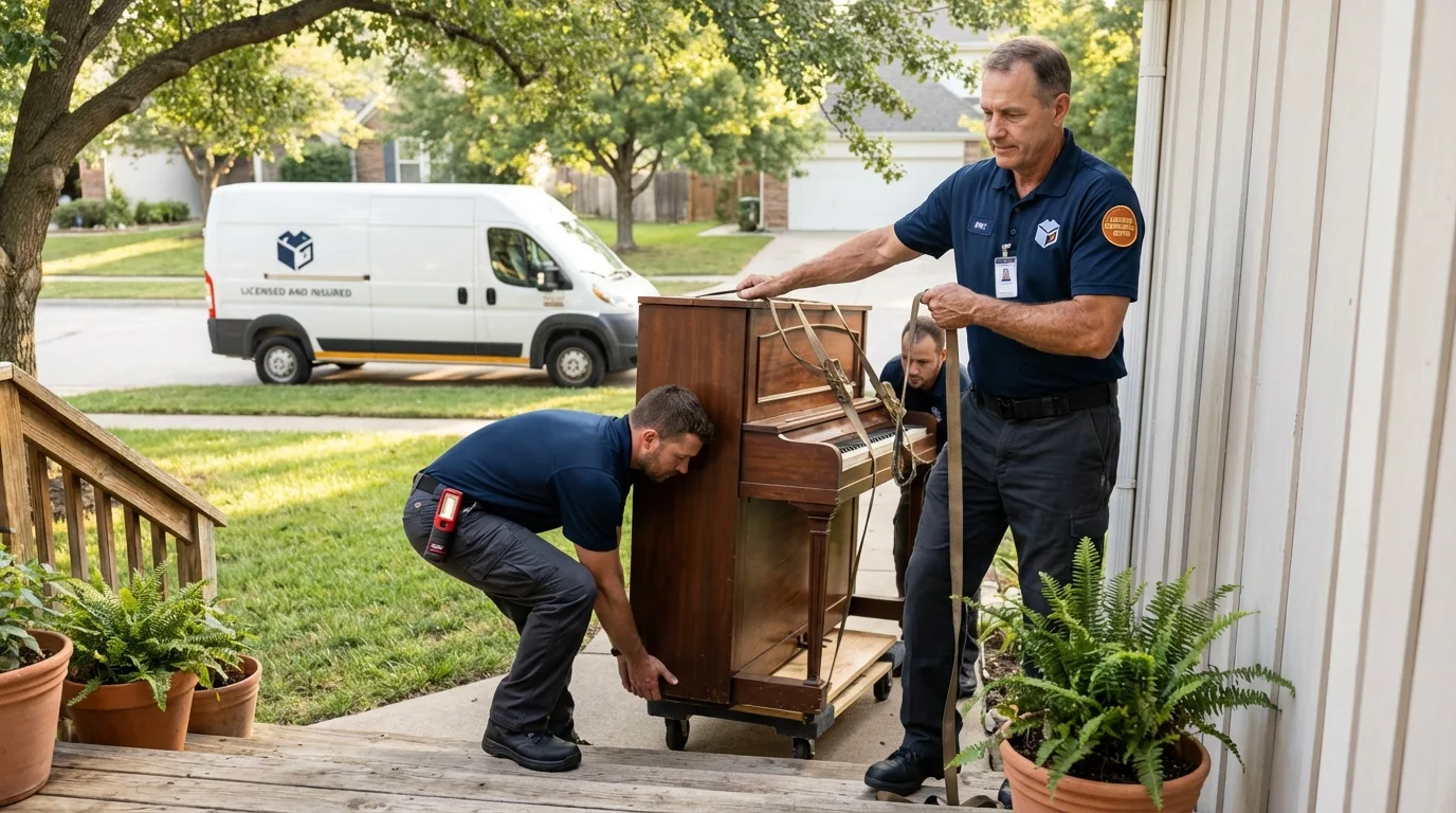 Licensed piano movers securing grand piano in Elgin, IL