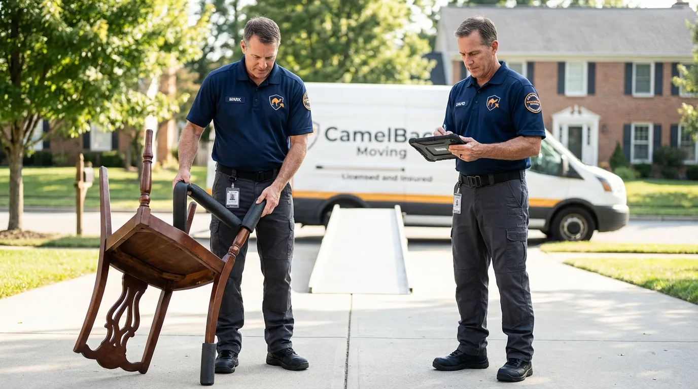 Movers inspecting furniture for damage prevention before loading in Elgin, IL